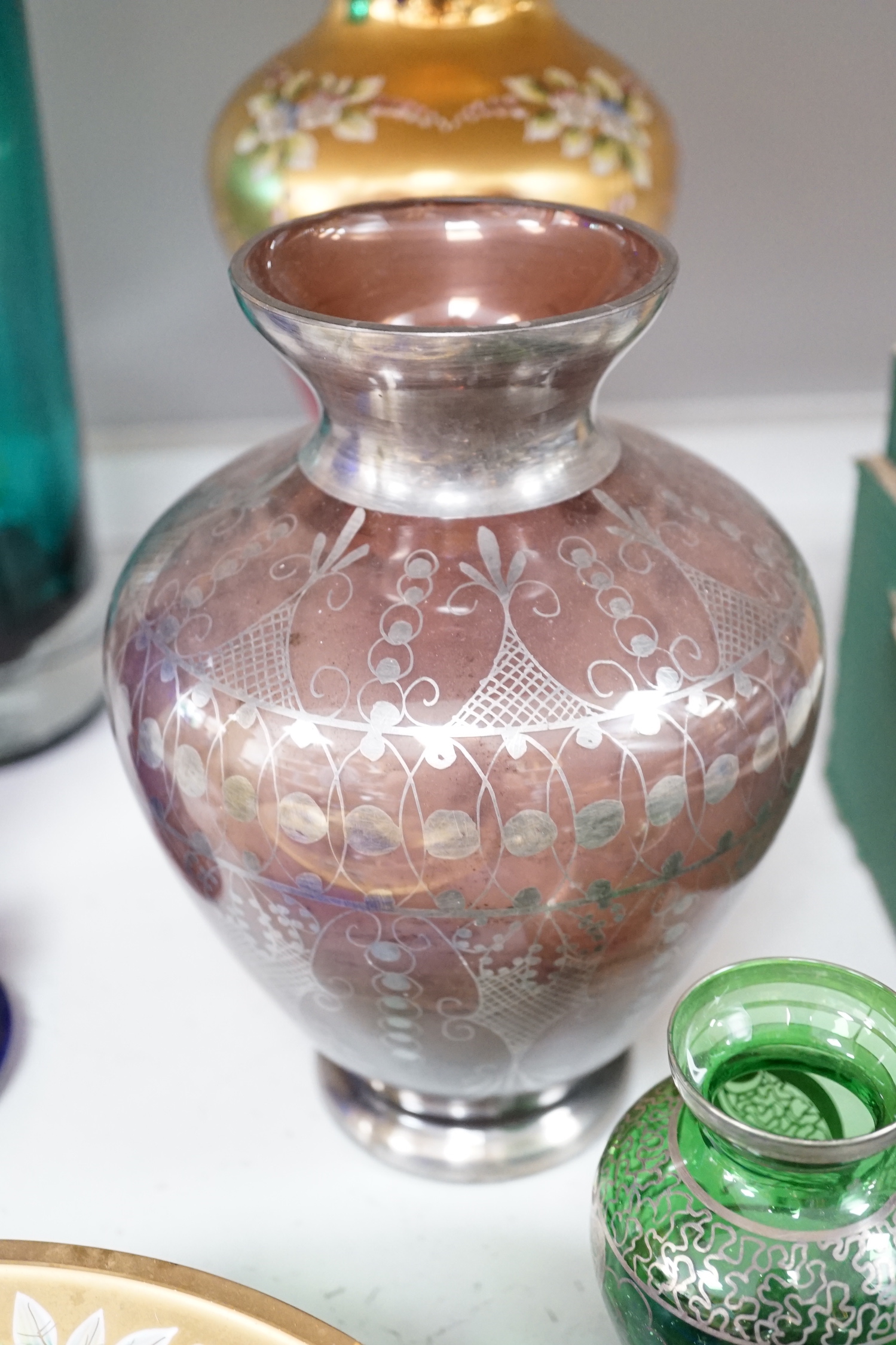 A quantity of enamelled and painted glassware and two carnival glass dishes